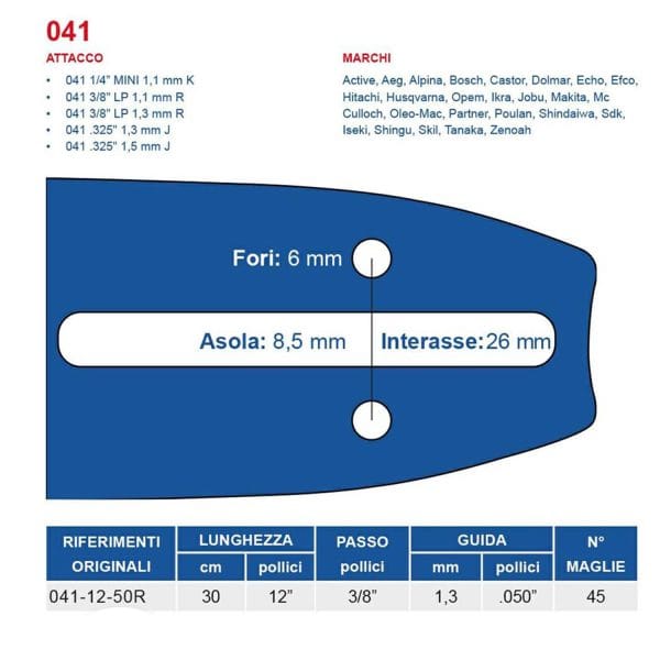 Barra per motosega Maya passo 3-8 spessore 1.3 mm da 44 maglie