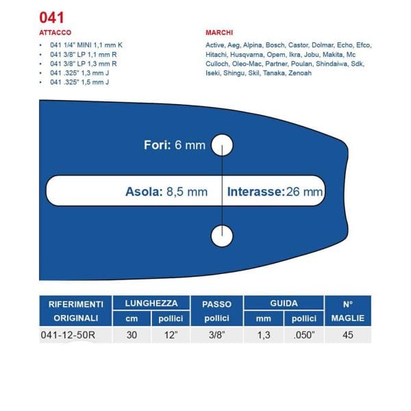 Barra per motosega Maya passo 3-8 spessore 1.3 mm da 45 maglie