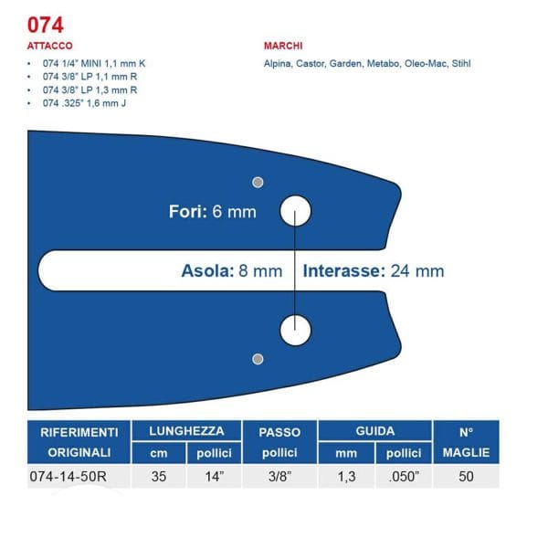 Barra per motosega Maya passo 3-8 spessore 1.3 mm da 50 maglie