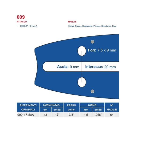 Barra per motosega Maya passo 3-8 spessore 1.5 mm da 64 maglie