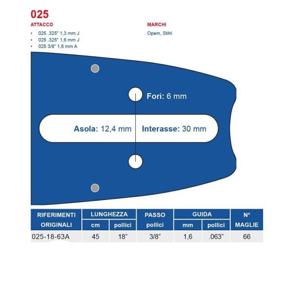 Barra per motosega Maya passo 3-8 spessore 1.6 mm da 66 maglie