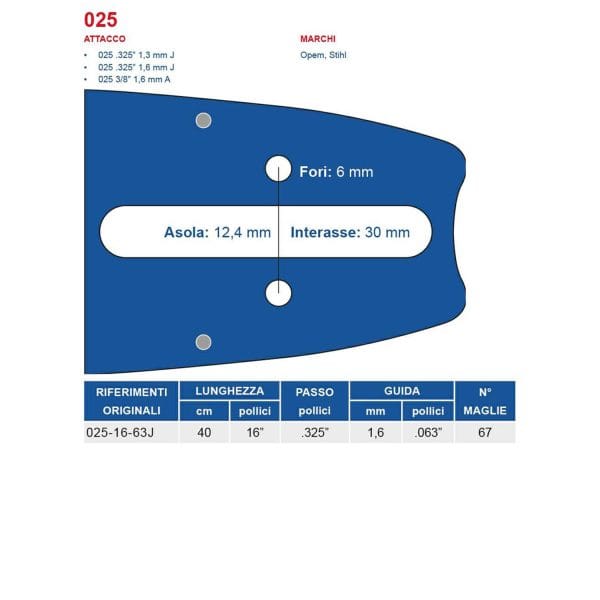 Barra per motosega Maya passo 325 spessore 1.6 mm da 67 maglie