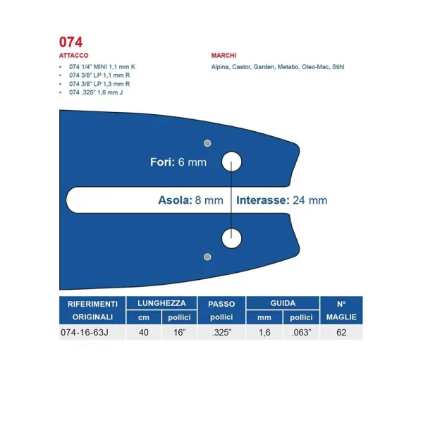 Barra per Motosega Maya Passo 325 Spessore 1.6 mm 62 Maglie Tecnogarden - Cod. 452715
